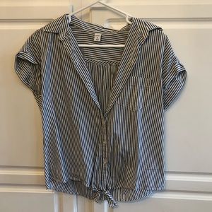 Striped button down shirt with front tie